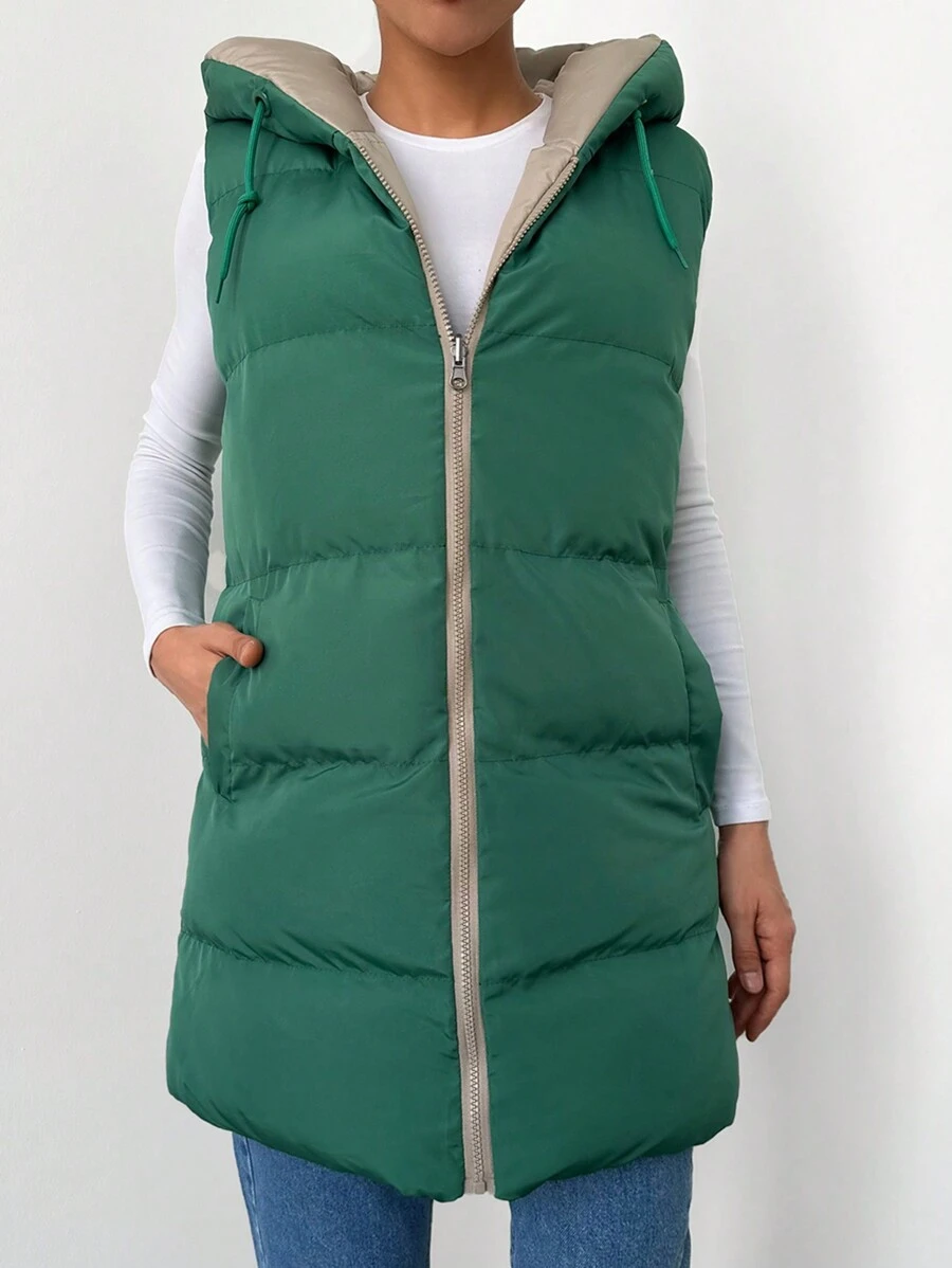 EURMUSE Zip Up Drawstring Hooded Vest Puffer Coat - Green - View 1