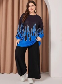 Mulvari Plus Size Flame Pattern T-shirt And Pants Set - Multicolor - View 5