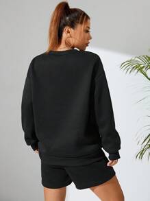SHEIN EZwear 2 件/套字母印花運動衫和短褲套裝 - 黑色 - 查看 2