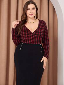 Mulvari 勃艮第红色千鸟格图案撞色长袖连衣裙