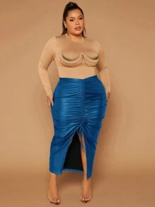 SHEIN SXY 大尺碼女式抽繩腰部開衩下擺半身裙 - 藍色 - 查看 6