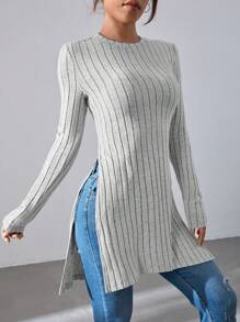 SHEIN Essnce Women's Solid Color Ribbed Slit Long Sleeve T-shirt - Grey - View 1