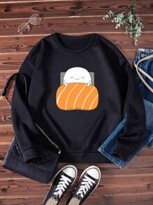 SHEIN LUNE Cartoon Printed Round Neck Casual Sweatshirt - Black - View 1
