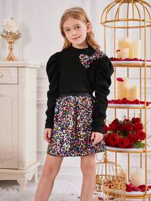 SHEIN Áo Sơ Mi Tay Gigot Cổ Đứng Dệt Chắc Chắn Tween Girl Kèm Bộ Váy Dệt Sáng Bóng, Trang Phục Phù Hợp Với Mẹ Và Tôi - Nhiều màu - Xem 2