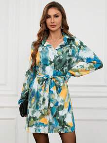 SHEIN VCAY Của phụ nữ In Nút xuống Tay áo dài Váy sơ mi - trái cam - Xem 3