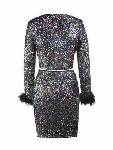 2pcs Women Solid Color Round Neck Long Sleeve Sequin Cropped Top And Bodycon Mini Skirt Fashion Set - Multicolor - View 5