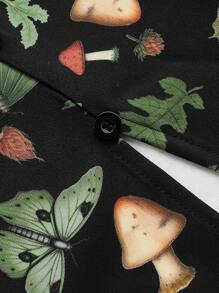 ROMWE Fairycore 大尺碼蘑菇和植物印花開叉下擺半身裙 - 黑色 - 查看 3