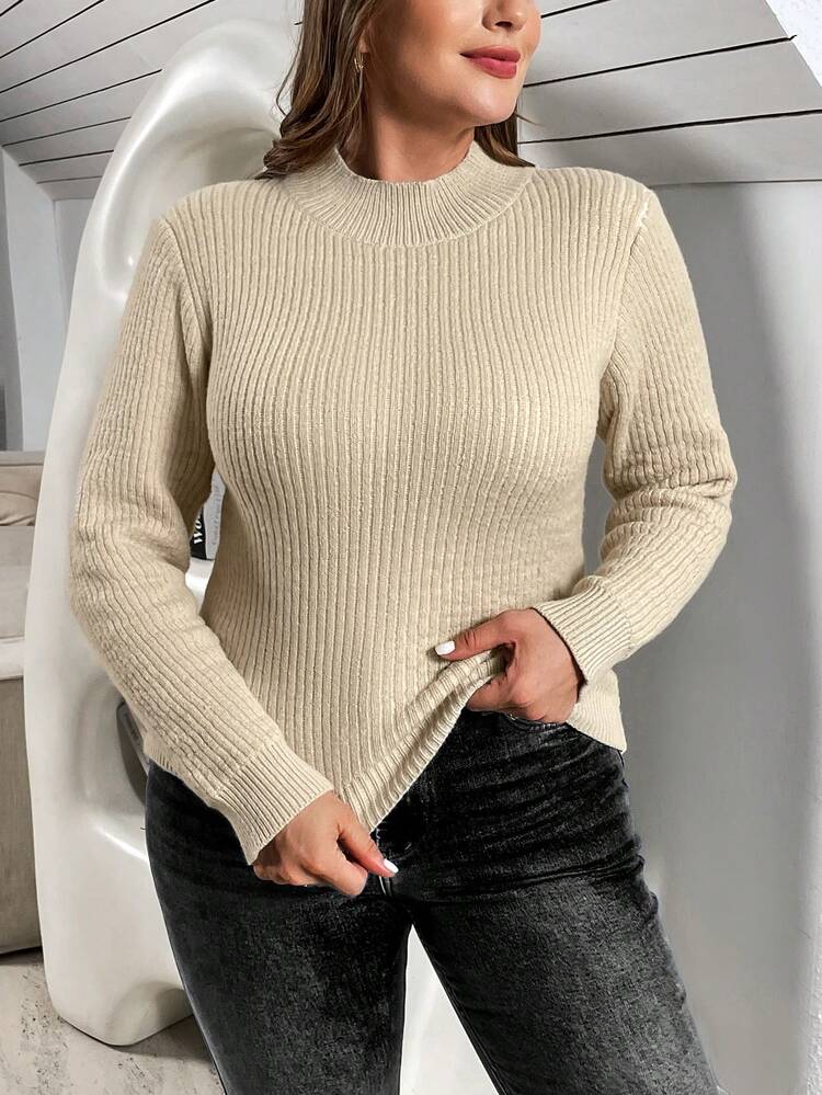 Plus Size Women's Stand Collar Fleece Pullover Sweater Knit Pullover Fall Winter Sweater