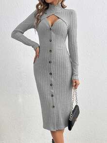 SHEIN LUNE Màu thuần Xu hướng: Cắt giảm Tay áo dài Đầm - Màu Xám nhạt - Xem 5