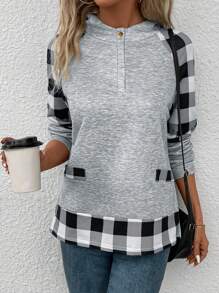 SHEIN LUNE Women's Hooded Sweatshirt, Plaid Patchwork, Raglan Sleeve Pullover Fall Sweatshirt - Grey - View 5