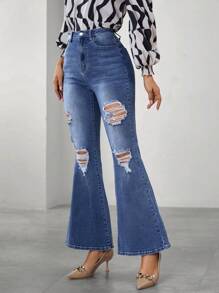 SHEIN Essnce Jeans Svasati Da Donna Con Fori Effetto Consumato