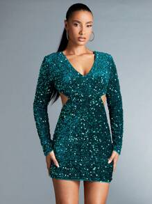 SHEIN BAE 女士v領閃亮無背緊身裙 - 墨綠色 - 查看 4