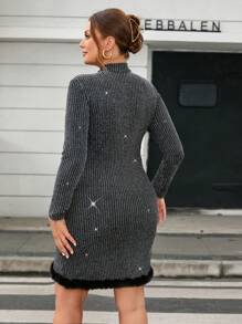 SHEIN Privé Women's Plus Size Elegant Stand Collar Patchwork Plush Trim Dress - Dark Grey - View 2