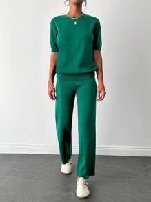 EURMUSE Solid Knit Top & Knit Pants - Dark Green - View 1