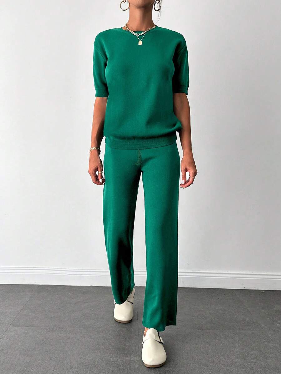 EURMUSE Solid Knit Top & Knit Pants - Dark Green - View 1