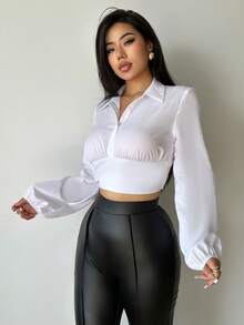 SHEIN Essnce 純色襯衫lantern袖設計 - 白色 - 查看 6