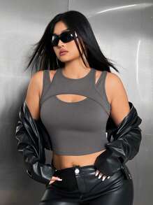 SHEIN ICON 大码女式镂空短款背心 - 深灰色 - 查看 1