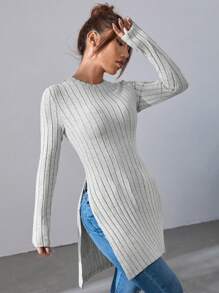 SHEIN Essnce Women's Solid Color Ribbed Slit Long Sleeve T-shirt - Grey - View 4