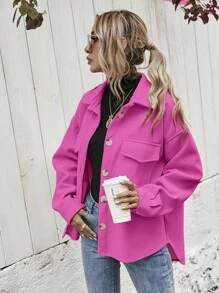 Flap Pocket Drop Shoulder Overcoat - Baby Pink - View 3