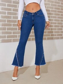 SHEIN Privé 帶剪邊裝飾的喇叭褲 - 深色水洗藍 - 查看 1