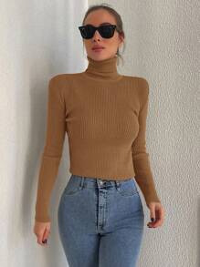 Cloudara High Neck Ribbed Knit Jumper - Brown - View 3