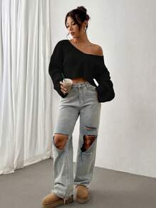 Flirla Suéter casual de mujer de cuello en V sólido y texturizado, parte superior de manga tres cuartos, suéter de punto de otoño e invierno - Negro - Ver 5