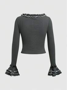 ROMWE PUNK Camiseta De Manga Ondulada Con Volantes Y Estampado De Alas Para Mujeres - Negro - Ver 2