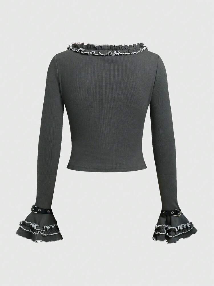 Women's Wing Printed Frill Trim Flounce Sleeve T-shirt