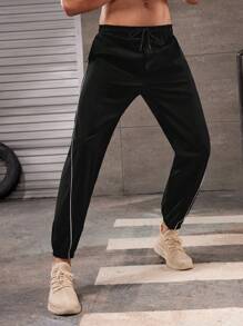 Manfinity Sport Corelite 男士側條紋彈性腰運動褲 - 黑色 - 查看 4