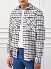 RueChic Men's Plaid Shacket With Front Pockets - Blue and White - View 5