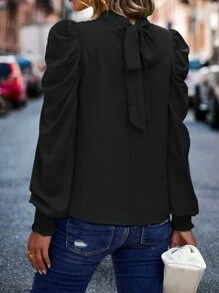 SHEIN Clasi 小高領羊腿袖襯衫 - 黑色 - 查看 2