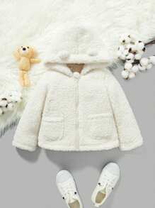 SHEIN 幼兒女孩秋冬季可愛舒適毛絨帽風衣 - 米色 - 查看 1