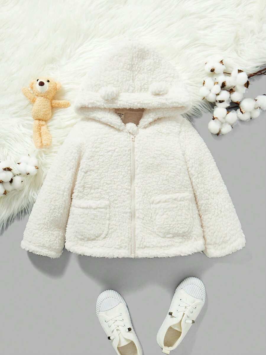 SHEIN 幼兒女孩秋冬季可愛舒適毛絨帽風衣 - 米色 - 查看 1