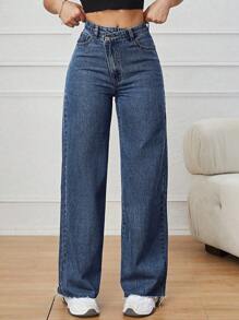 SHEIN ICON Pantalones Largos De Mezclilla De Cintura Alta Cruzada Para Mujer