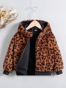 SHEIN Toddler Girls' Leopard Print Hooded Jacket - Brown - View 1