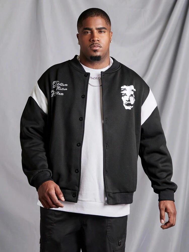 Men's Plus Size Button Up Baseball Jacket With Face Print
