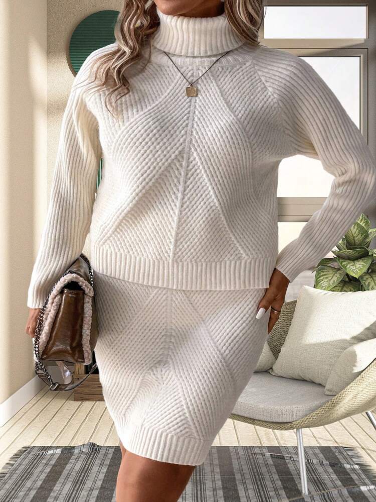 Plus Size Turtleneck Raglan Sleeve Sweater And Knitted Skirt Set Fall Cloth For Women