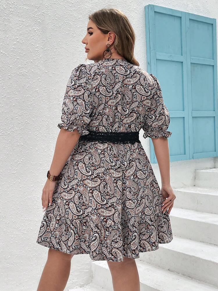 Women's Plus Size Paisley Print Patchwork Lace Dress