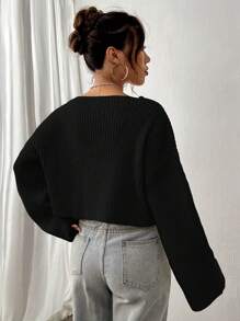 Flirla Suéter casual de mujer de cuello en V sólido y texturizado, parte superior de manga tres cuartos, suéter de punto de otoño e invierno - Negro - Ver 2