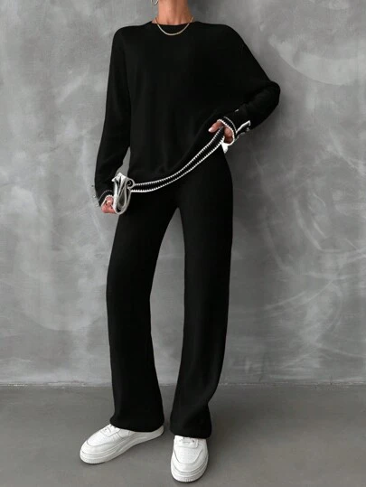 EURMUSE Women's Solid Color Round Neck Button Detail Sweater & Wide Leg Pants Two Piece Set