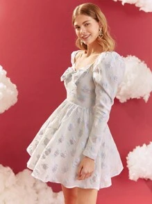 Enchnt Bowknot Decoration Puff Sleeve Embossed Dress - Blue and White - View 2