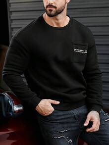 Manfinity Nam Áo nỉ Với In thư Và Mặt trước Túi - màu đen - Xem 7