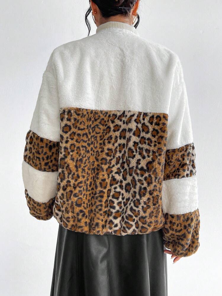 Leopard Pattern Colorblock Drop Shoulder Fuzzy Coat