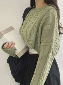 DAZY 女式绿色圆领套头针织毛衣，女士深秋休闲七分袖宽松绿色落肩套头衫女式毛衣，七分袖上衣短款女式上衣 - 綠色 - 查看 5