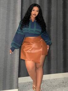 Slaydiva Women'S Plus Size Asymmetrical Hem Pu Skort With Button Detail - Brown - View 3