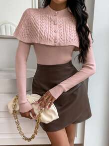 SHEIN Privé Women's 2 In 1 Buttoned Poncho And Sweater - Pink - View 1