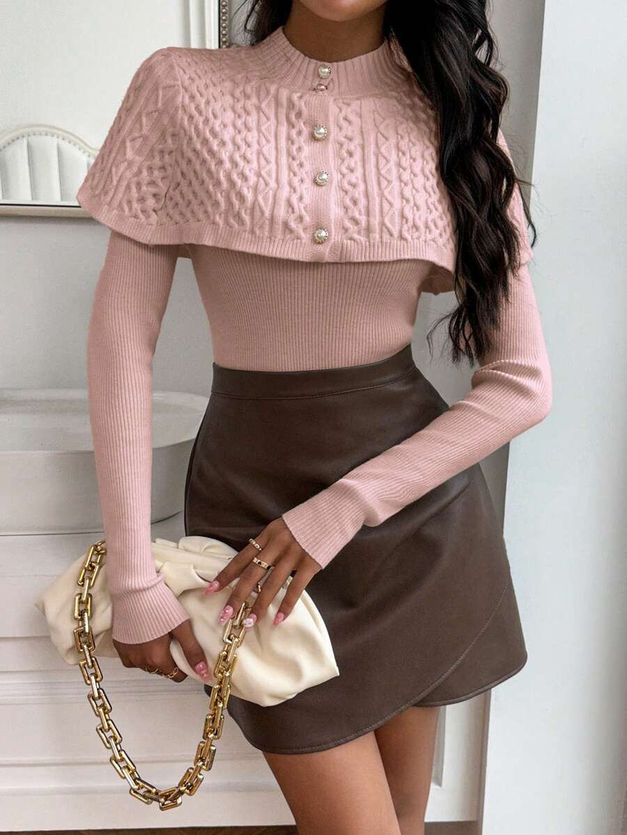 SHEIN Privé Women's 2 In 1 Buttoned Poncho And Sweater - Pink - View 1