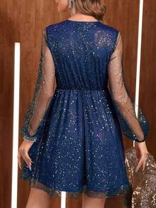 Women's Mesh Sparkle Sequin Dress - Navy Blue - View 2