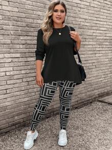 EMERY ROSE Plus Size Green Solid Color Long Sleeve T-Shirt & Camouflage Pants 2pcs Set Fall Women Clothes Fall 2pcs Set - Multicolor - View 5