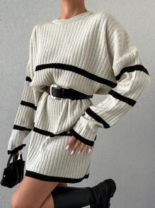 EURMUSE Loses, Geripptes Pulloverkleid Für Damen Mit Drop Shoulder - Schwarz und Weiss - Übersicht 3